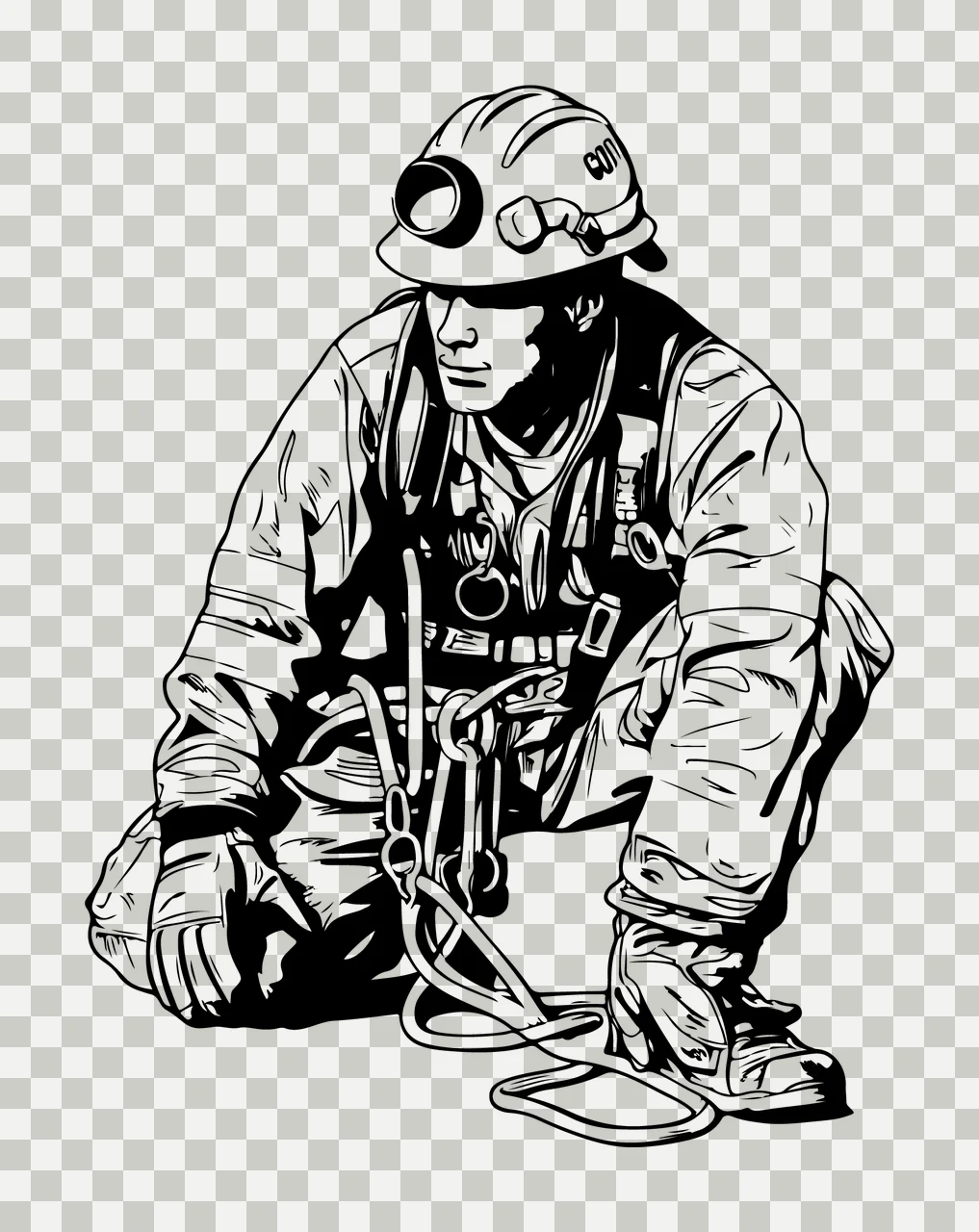 001 Worker In Hard Hat Crouching Down harness ropes Graphic transparency and detail preview thumbnail