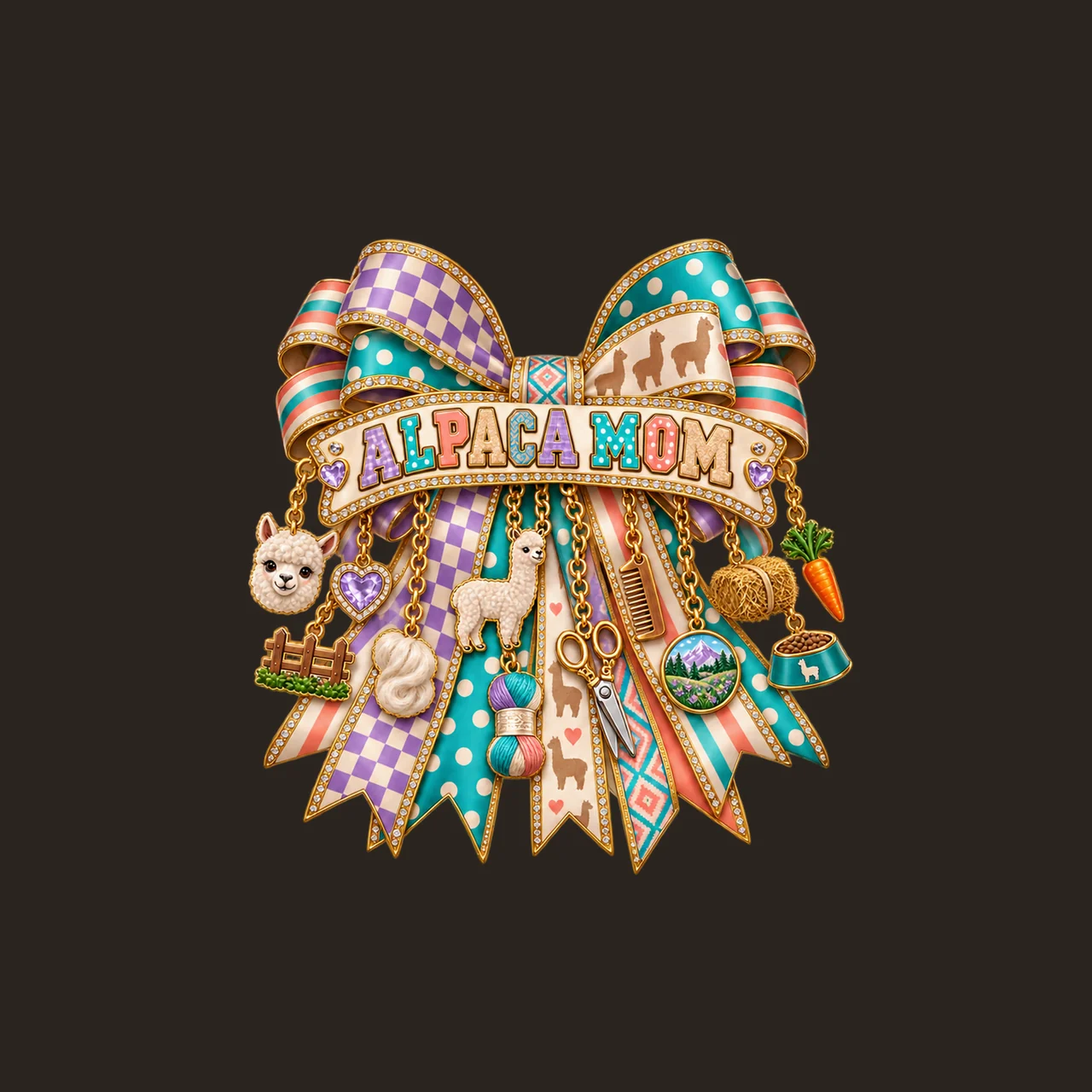 Alpaca Mom Bow Charm PNG, Patterned Varsity Mom Ribbon Clipart, Transparent Sublimation Digital Download contrast preview thumbnail