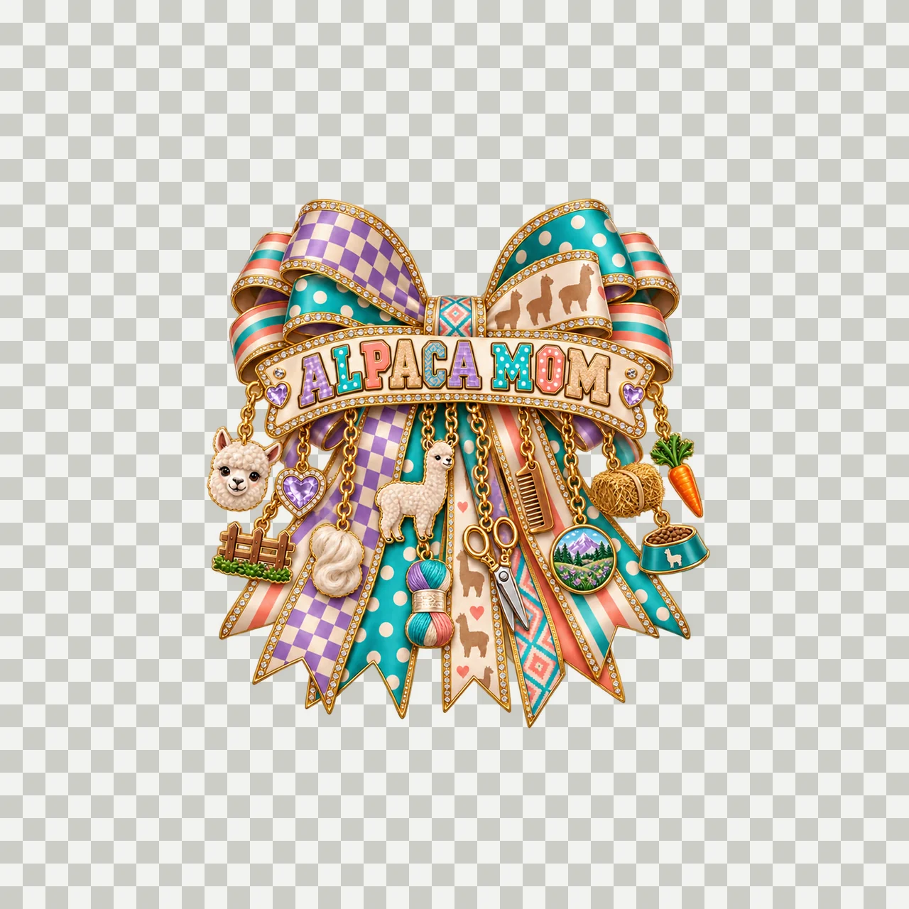 Alpaca Mom Bow Charm PNG, Patterned Varsity Mom Ribbon Clipart, Transparent Sublimation Digital Download transparency and detail preview thumbnail