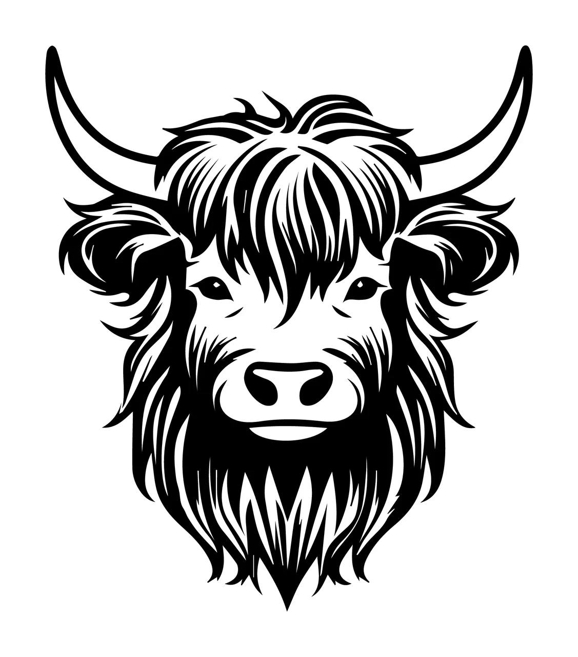 Highland Cattle Head With Large Horns shaggy hair black white
