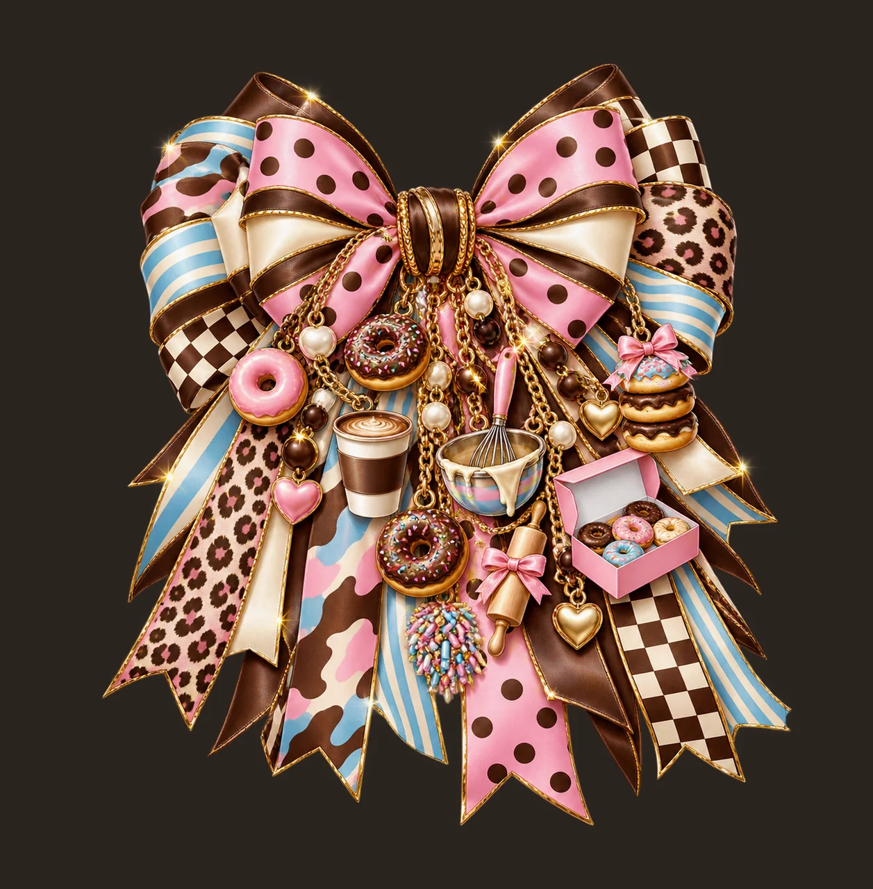 Donut Lover Bow Charm PNG, Themed Gold Chain Charms, Coquette Ribbon Sublimation Design, Transparent Digital Download contrast preview thumbnail