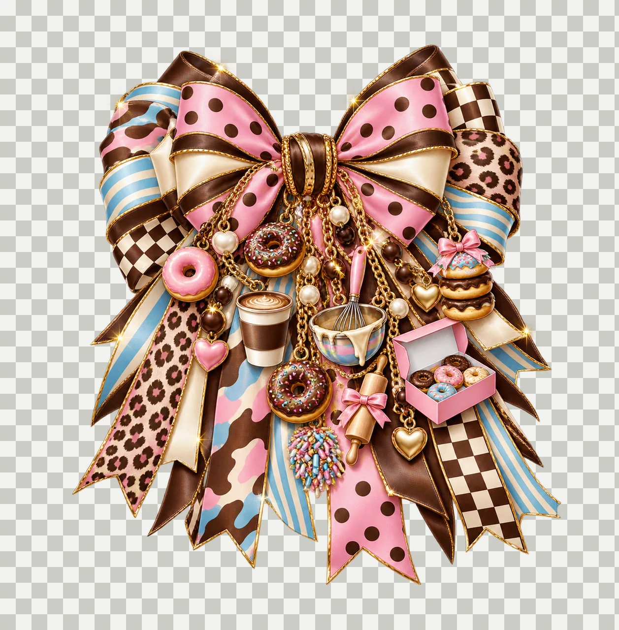 Donut Lover Bow Charm PNG, Themed Gold Chain Charms, Coquette Ribbon Sublimation Design, Transparent Digital Download transparency and detail preview thumbnail