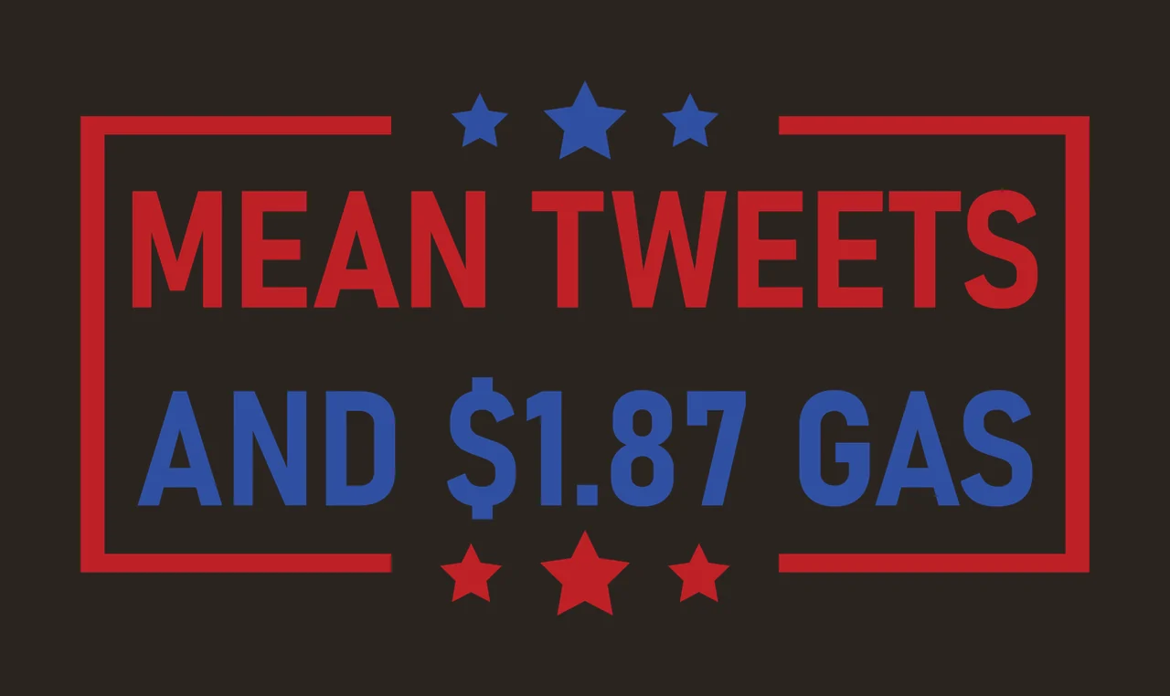 MEAN TWEETS AND $1.87 GAS typographic slogan Design with red border frame, blue stars, text layout and five-pointed stars in white contrast preview thumbnail