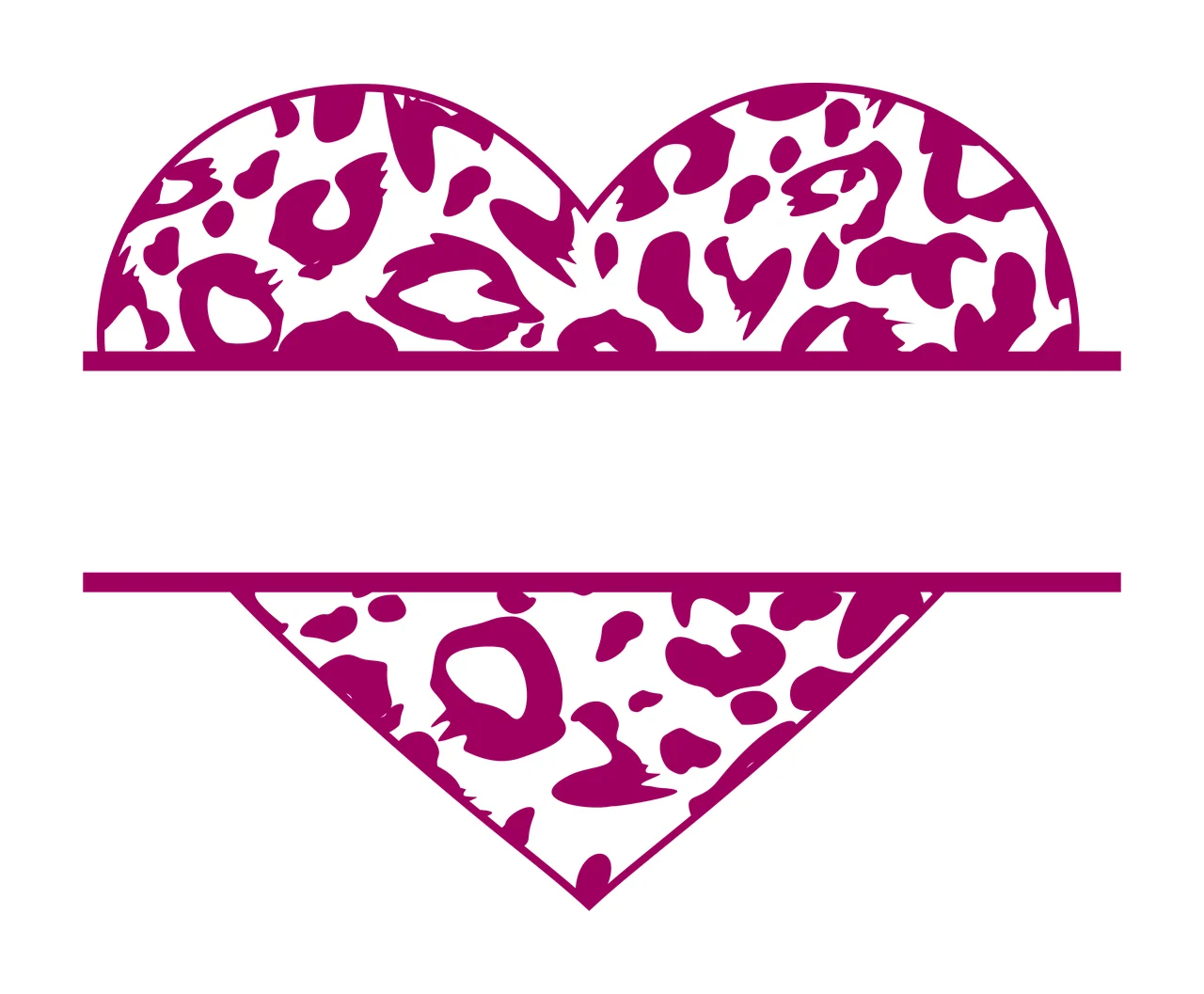 Split heart monogram frame with leopard print pattern, animal spots and horizontal frame bars in magenta and white