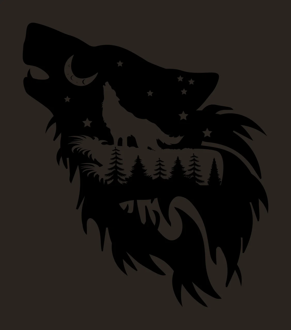 Wolf head silhouette Illustration with howling wolf, crescent moon, stars and pine trees in black and white contrast preview thumbnail