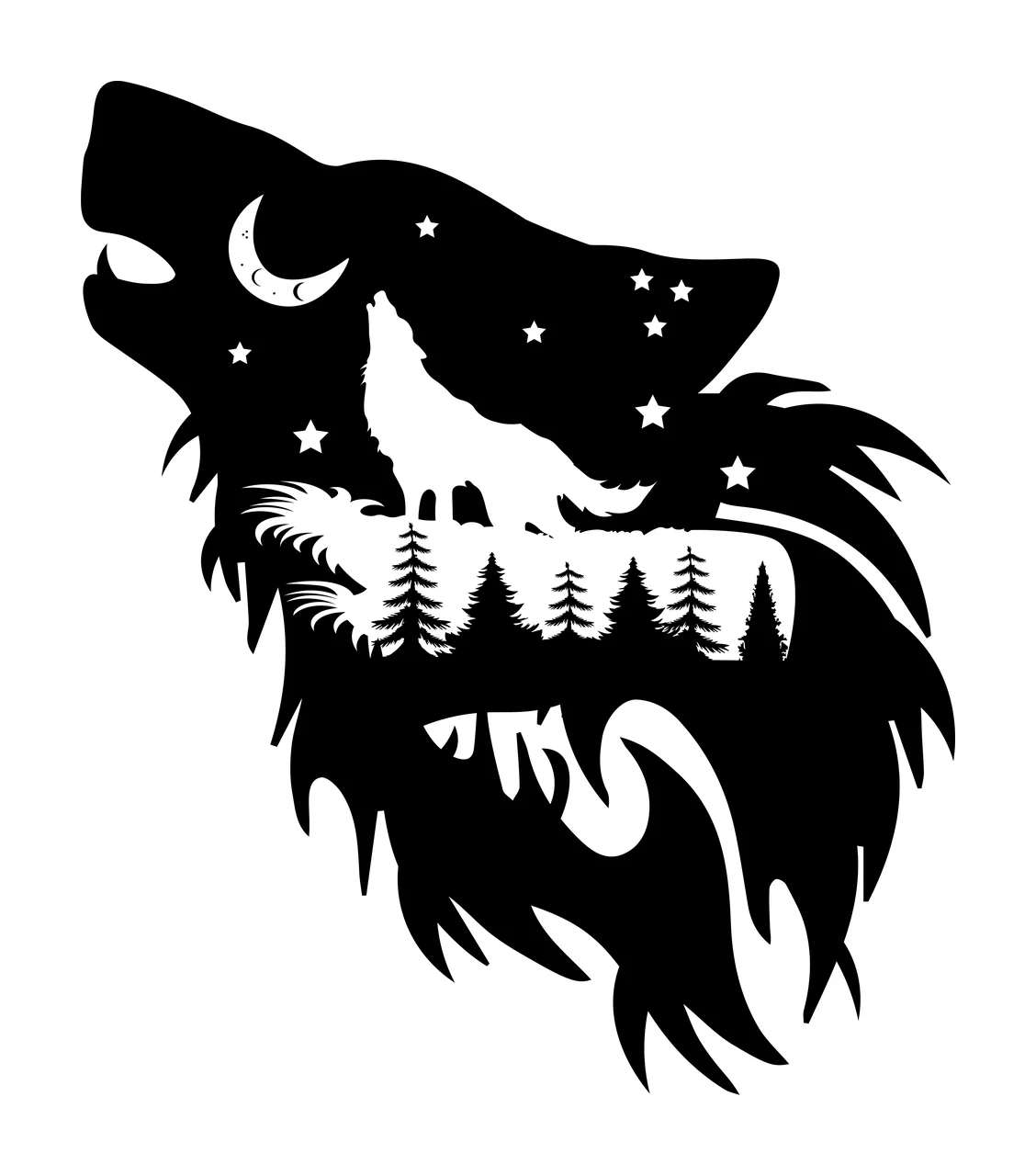 Wolf head silhouette Illustration with howling wolf, crescent moon, stars and pine trees in black and white