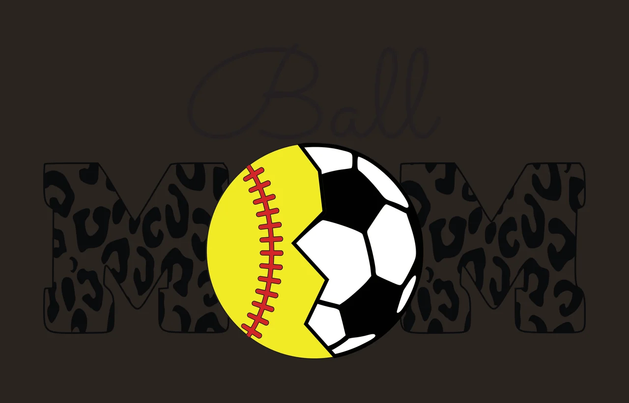 Ball MOM Ball MOM Design with black cursive 'Ball', leopard-print letters 'MOM', yellow softball with red stitching and black-and-white soccer ball contrast preview thumbnail