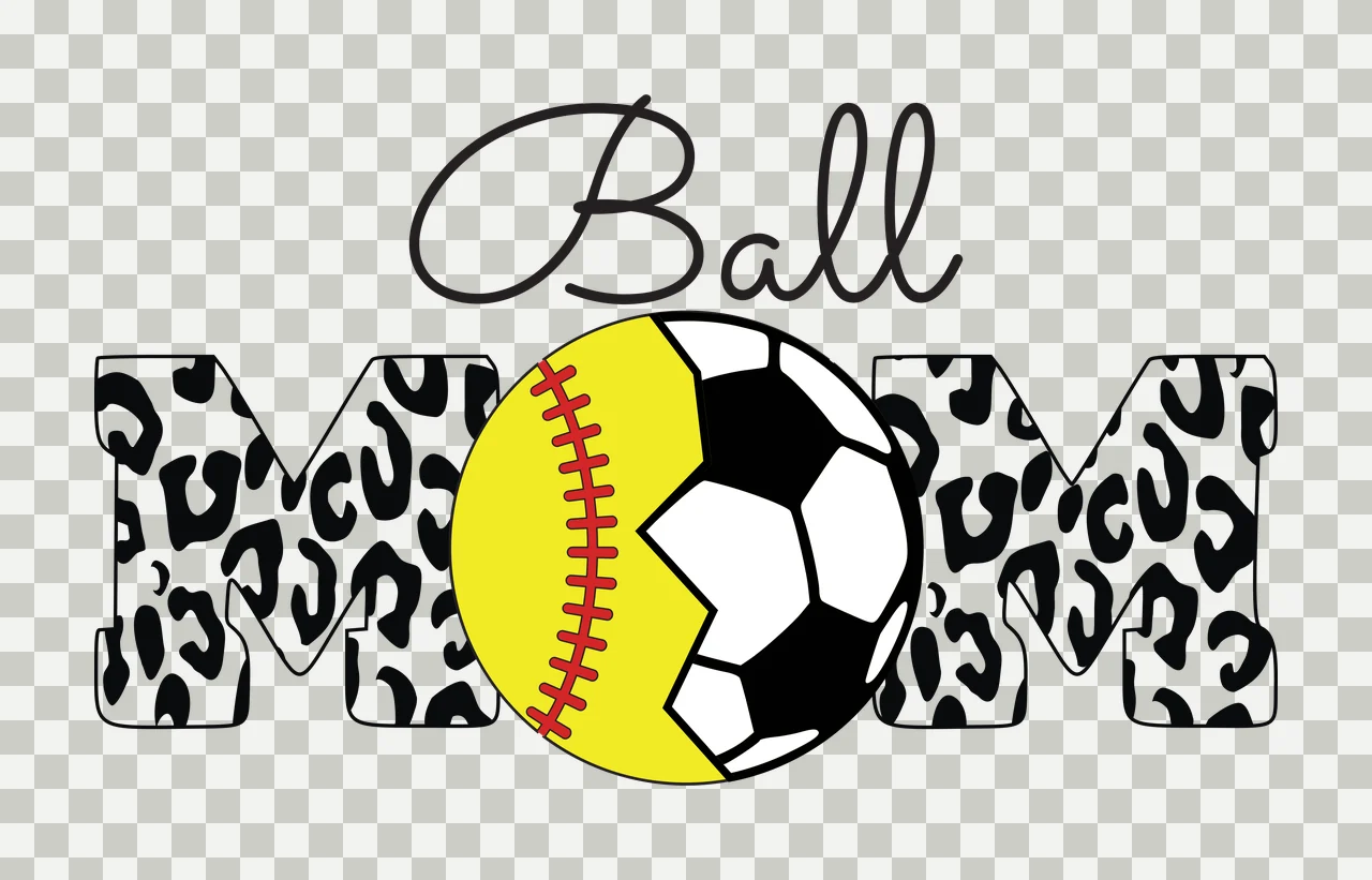 Ball MOM Ball MOM Design with black cursive 'Ball', leopard-print letters 'MOM', yellow softball with red stitching and black-and-white soccer ball transparency and detail preview thumbnail