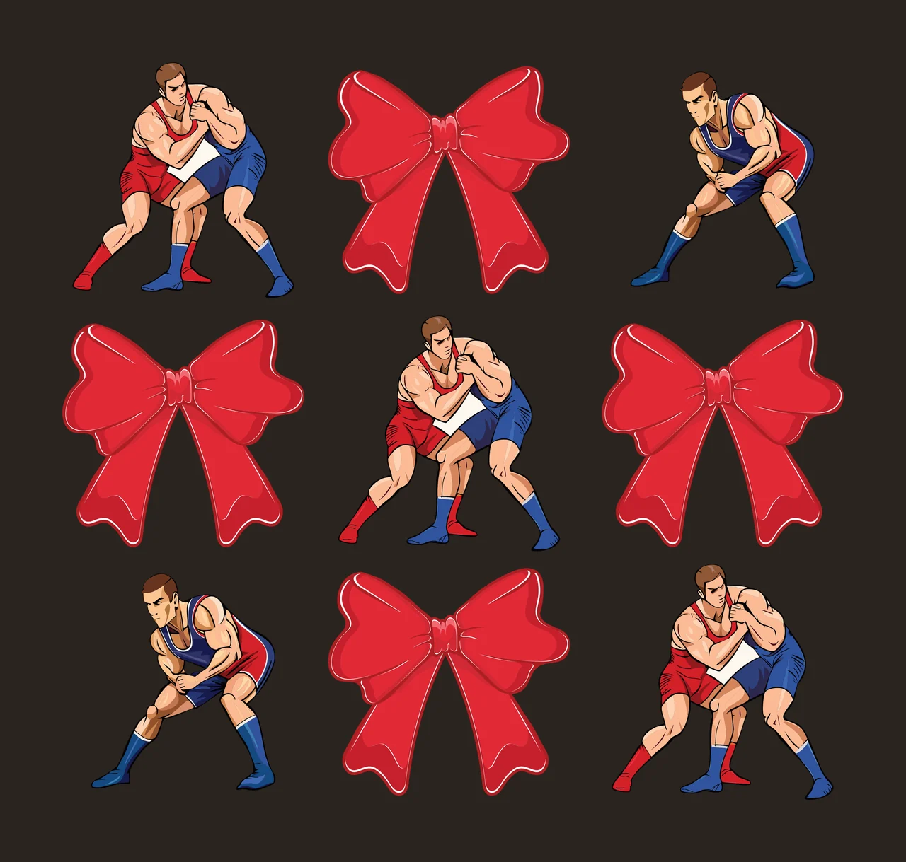 Wrestling Grid Of Black Silhouettes Featuring Figures and bows contrast preview thumbnail