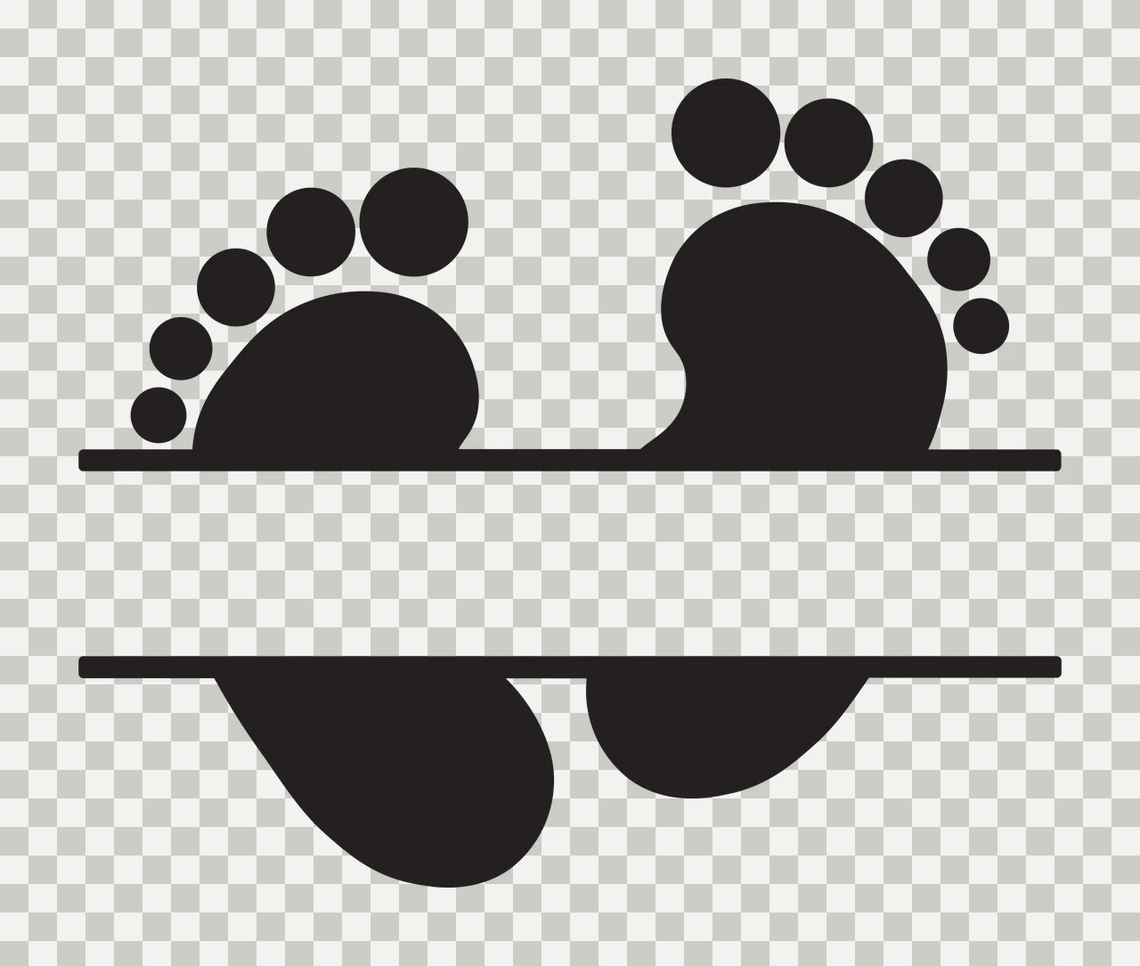 Silhouette Design of baby footprints split frame with horizontal lines and monogram space in black and white transparency and detail preview thumbnail