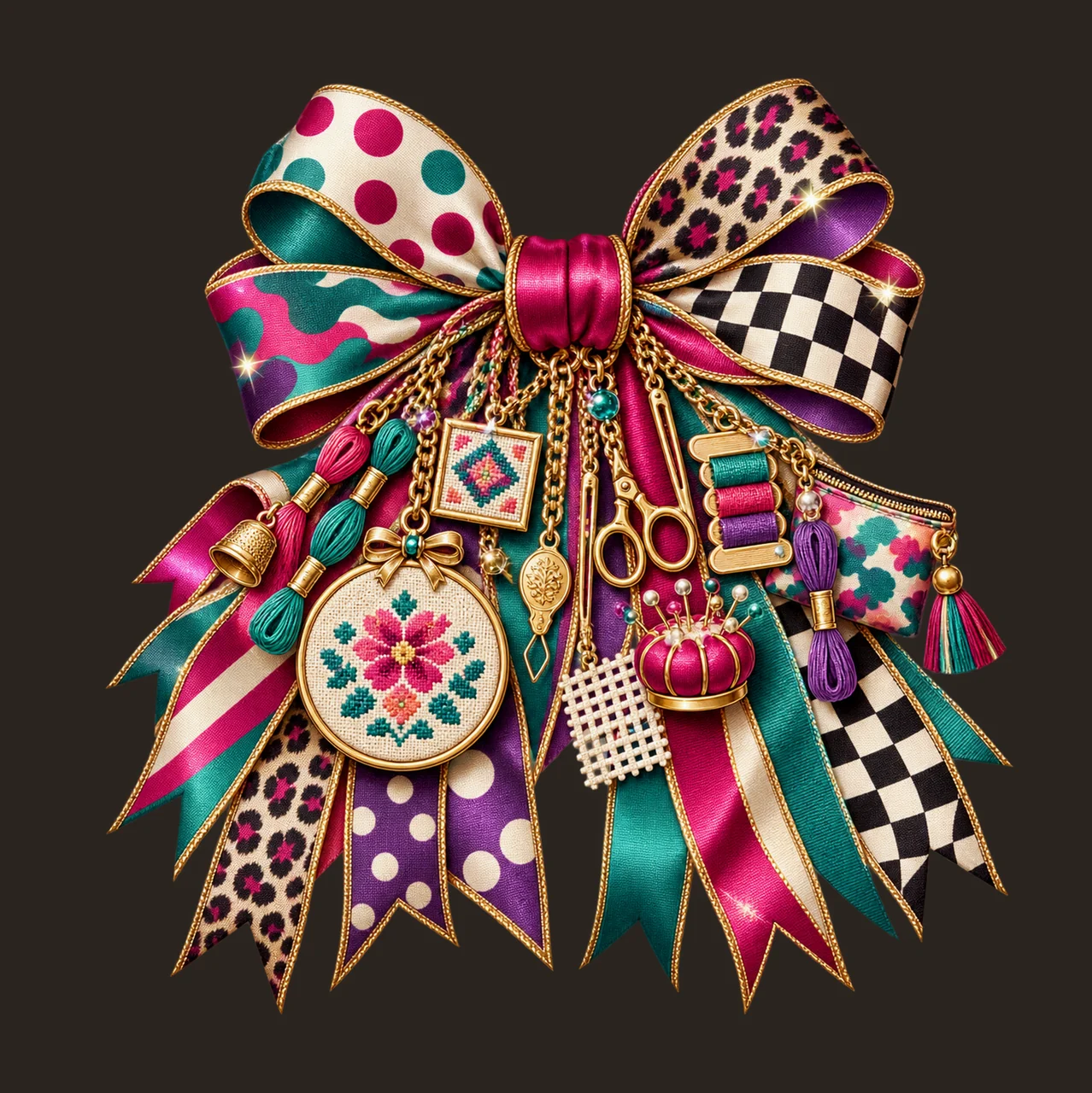 Needlepoint Artist Bow Charm PNG, Themed Gold Chain Charms, Coquette Ribbon Sublimation Design, Transparent Digital Download contrast preview thumbnail