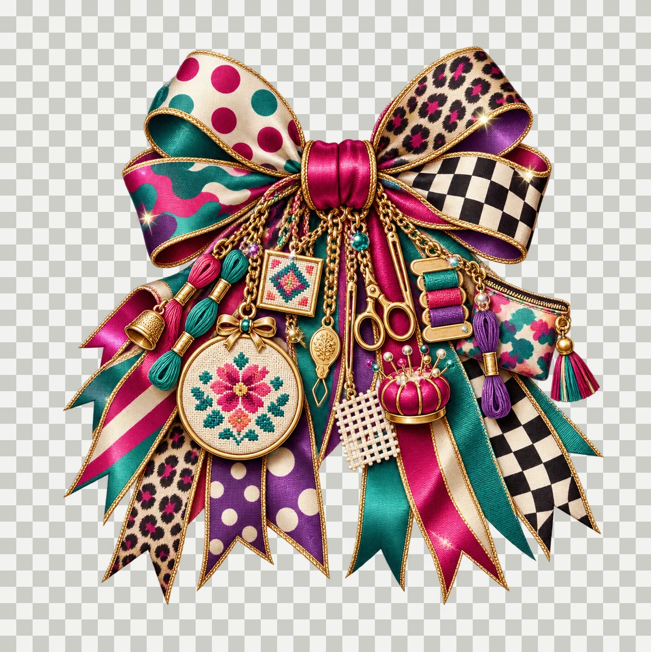 Needlepoint Artist Bow Charm PNG, Themed Gold Chain Charms, Coquette Ribbon Sublimation Design, Transparent Digital Download transparency and detail preview thumbnail