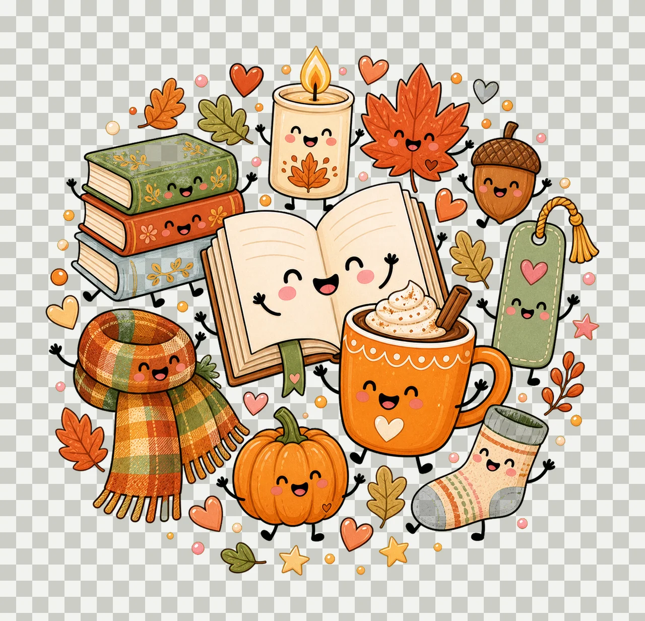 Cute Fall Book Characters Cozy Autumn Reading Variation C transparency and detail preview thumbnail