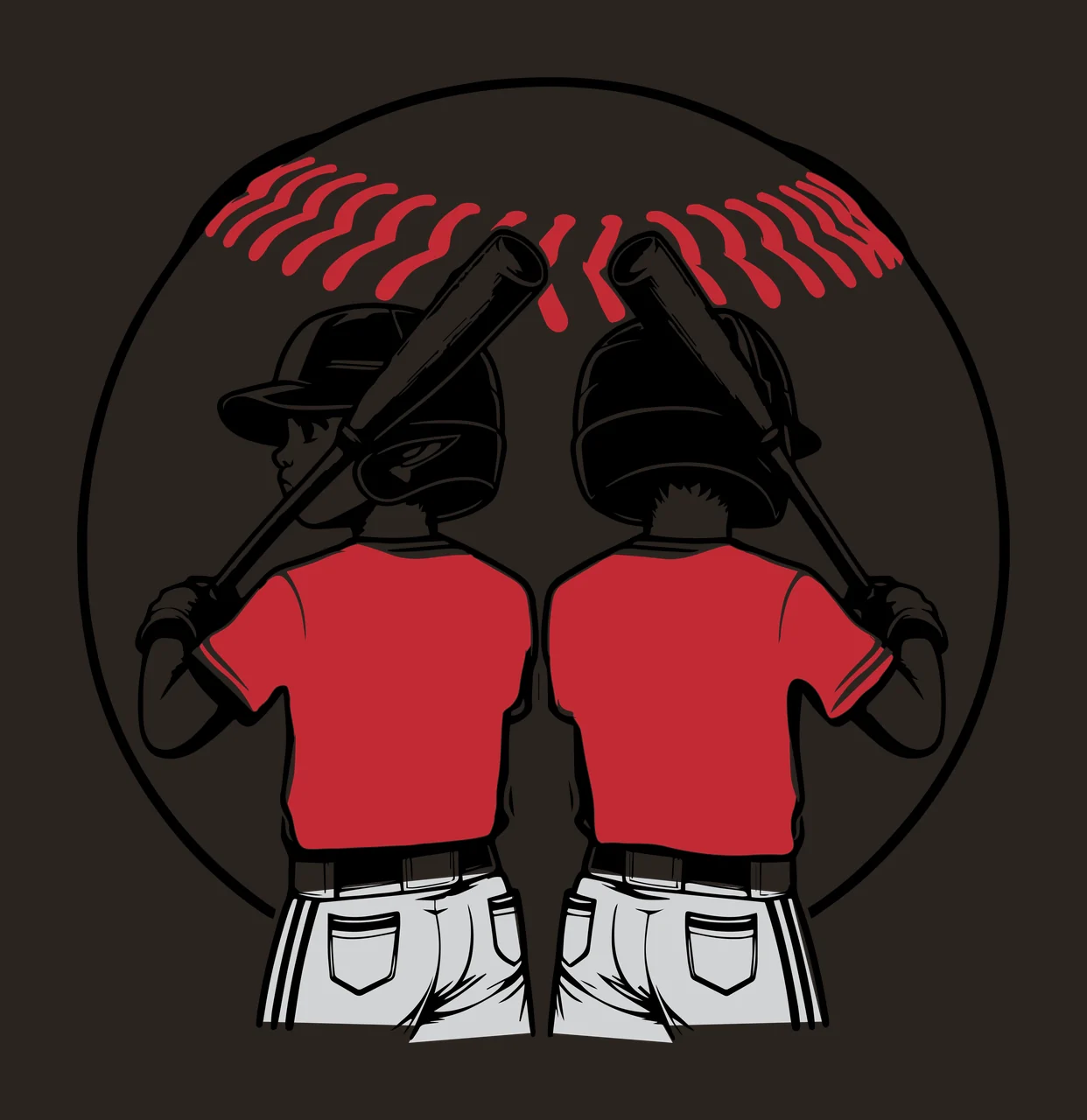 Baseball Two Players Standing Back To With Bats helmets line art contrast preview thumbnail