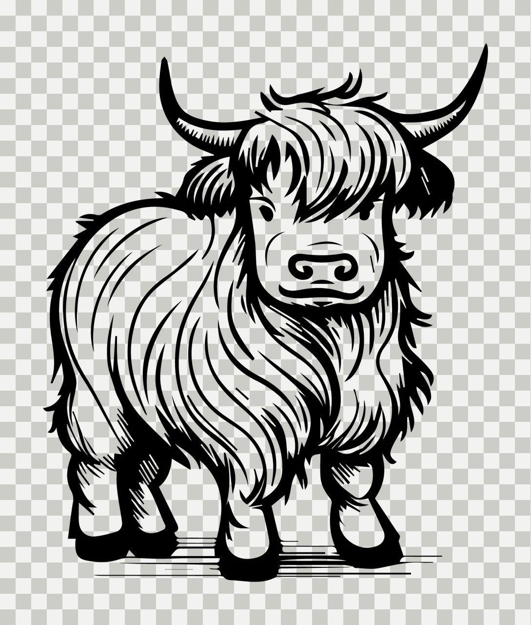 Highland Cow Standing Illustration horns fur black white animal transparency and detail preview thumbnail