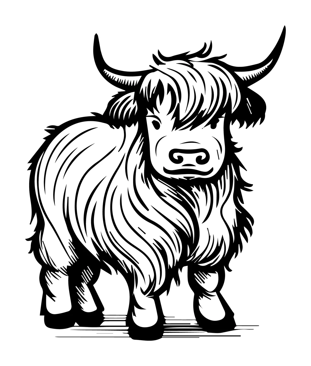 Highland Cow Standing Illustration horns fur black white animal