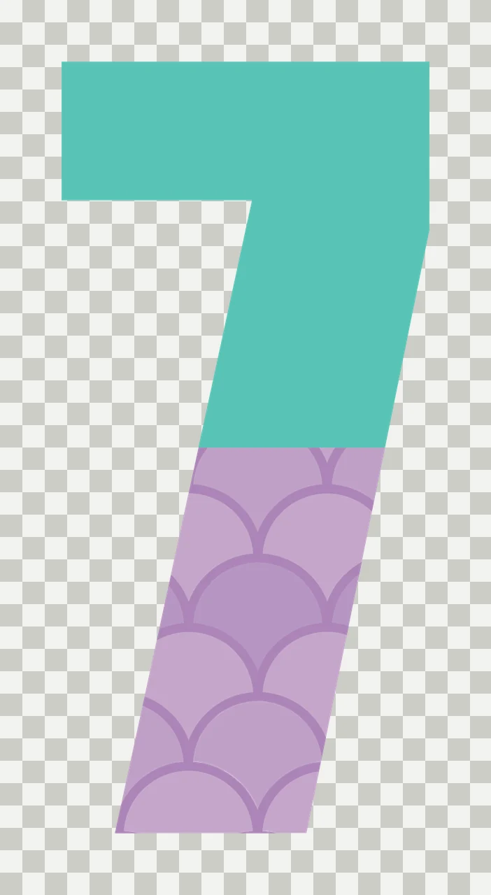 7 Number Design with digit 7, mermaid scales, scallop pattern and teal section in turquoise and purple transparency and detail preview thumbnail