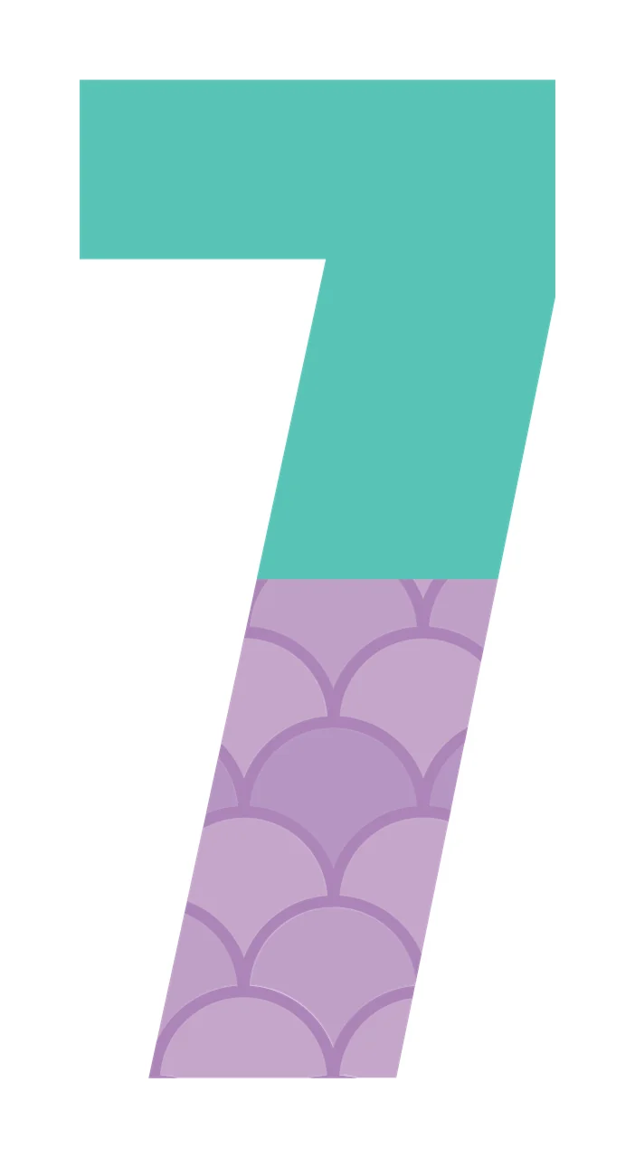 7 Number Design with digit 7, mermaid scales, scallop pattern and teal section in turquoise and purple