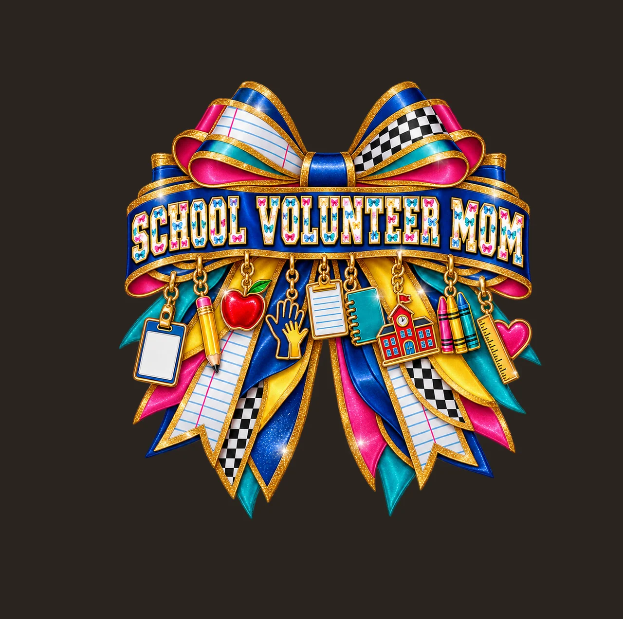 School Volunteer Mom Bow Charm PNG, Patterned Varsity Mom Ribbon Clipart, Transparent Sublimation Digital Download contrast preview thumbnail