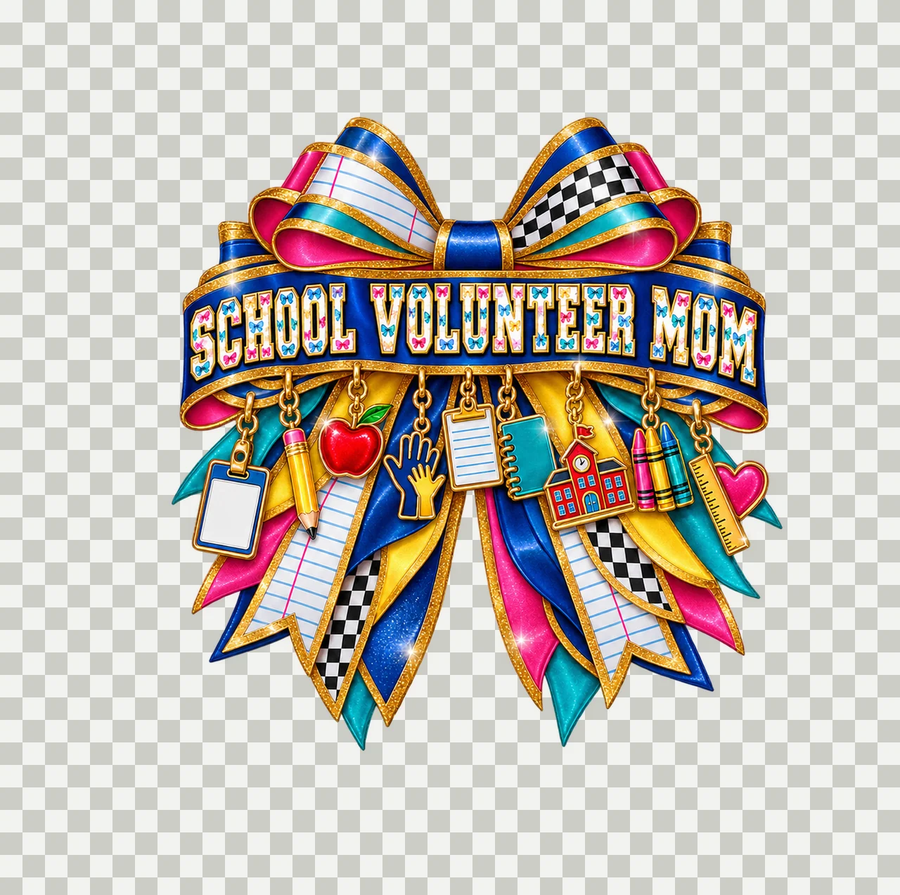 School Volunteer Mom Bow Charm PNG, Patterned Varsity Mom Ribbon Clipart, Transparent Sublimation Digital Download transparency and detail preview thumbnail