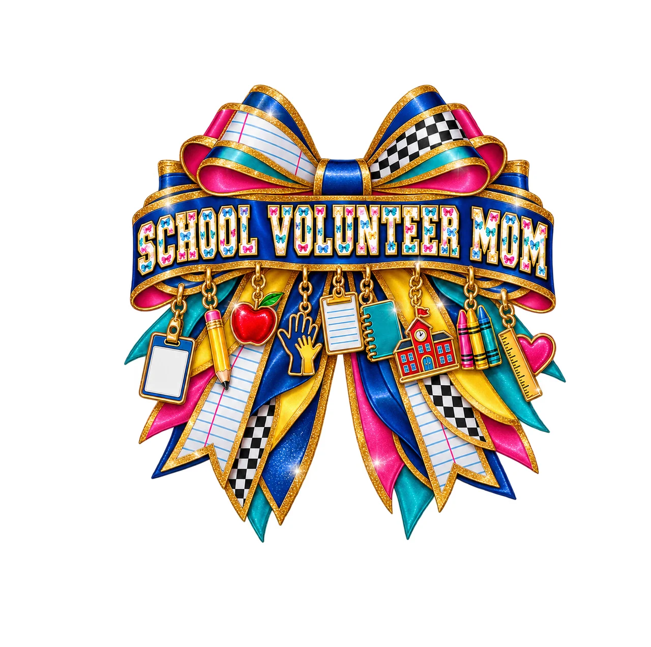 School Volunteer Mom Bow Charm PNG, Patterned Varsity Mom Ribbon Clipart, Transparent Sublimation Digital Download