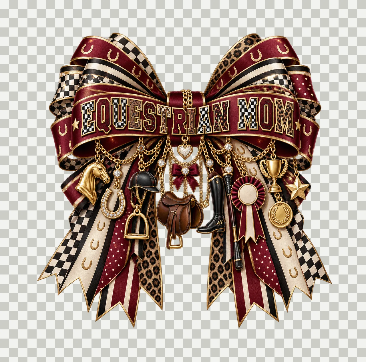 Equestrian Mom Bow Charm PNG, Patterned Varsity Mom Ribbon Clipart, Transparent Sublimation Digital Download transparency and detail preview thumbnail