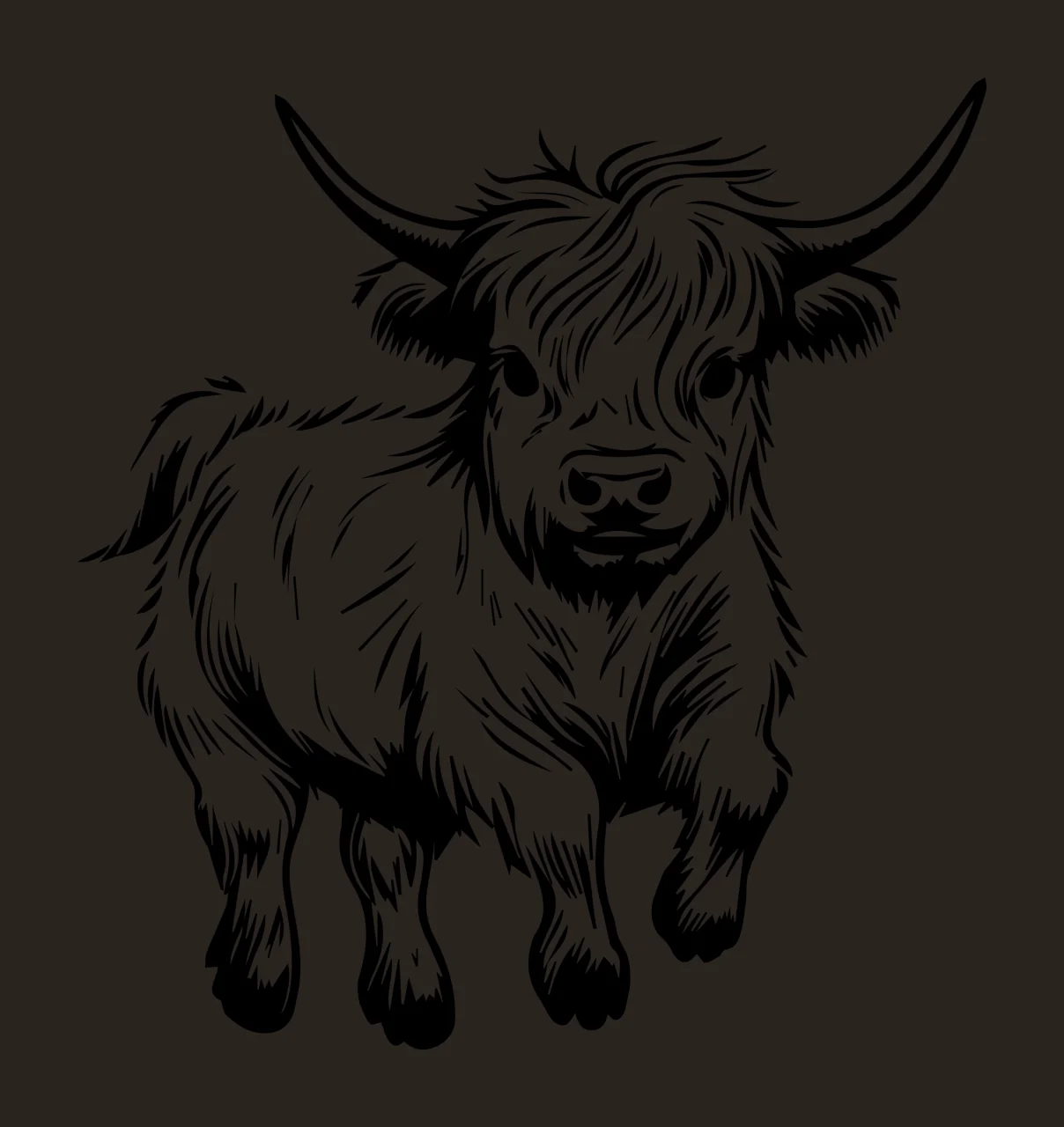Highland Cow Cattle Calf With Long Horns standing shaggy fur contrast preview thumbnail
