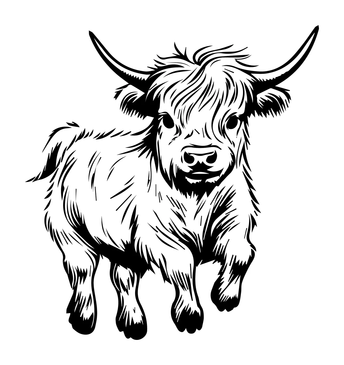 Highland Cow Cattle Calf With Long Horns standing shaggy fur