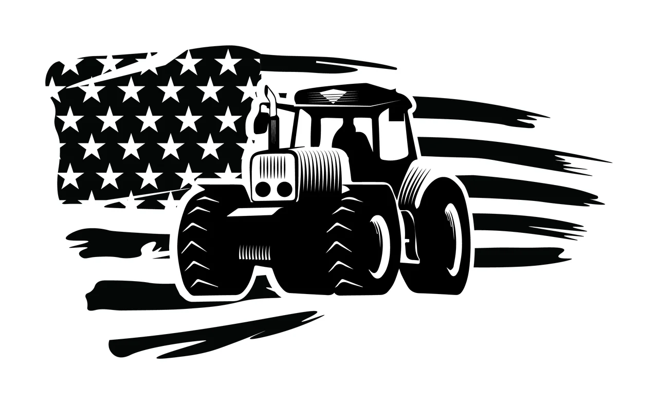 Tractor Flag Silhouette Over Distressed black white vehicle