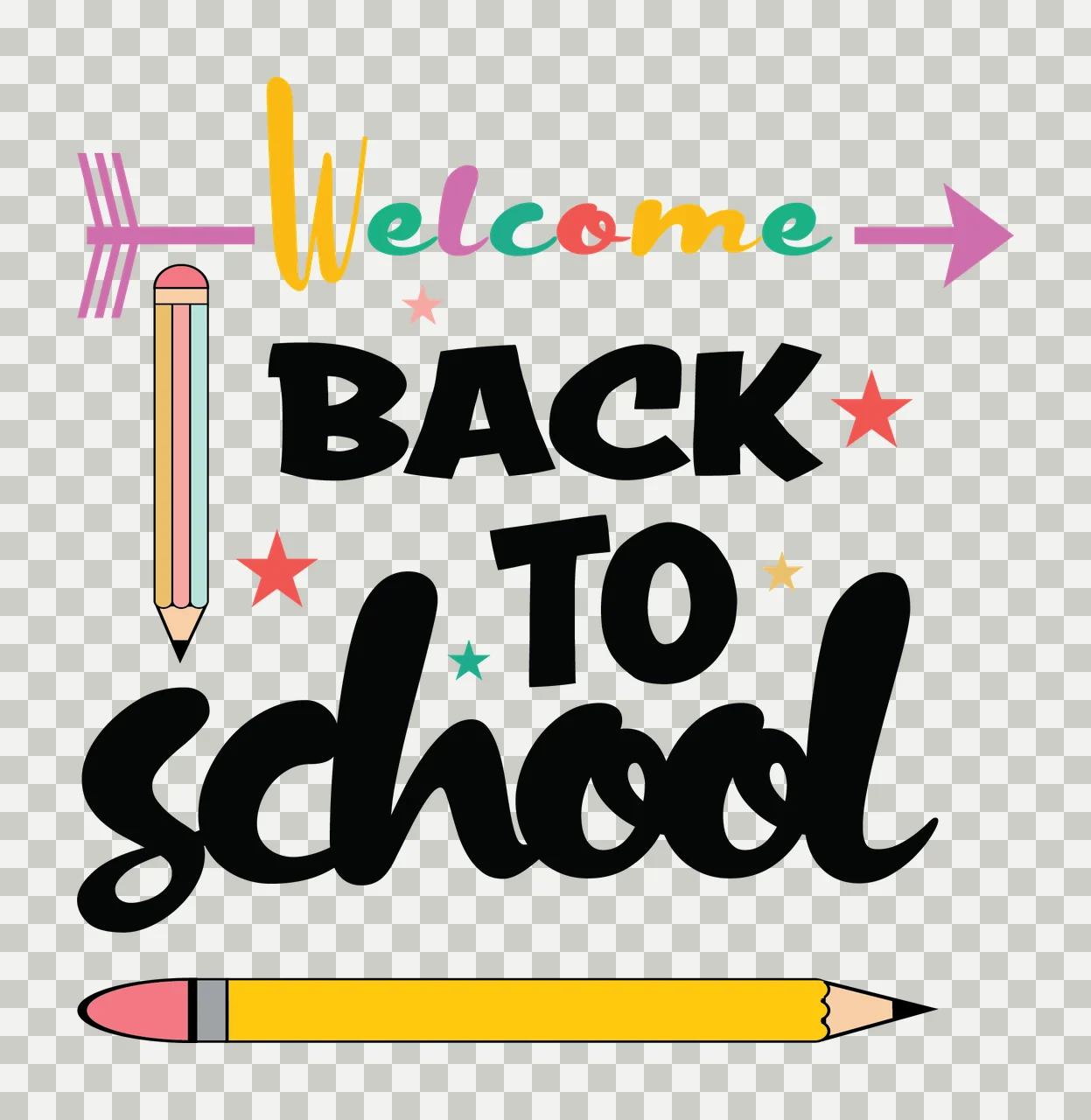 Welcome Back To School Text Design lettering arrows stars pencils transparency and detail preview thumbnail