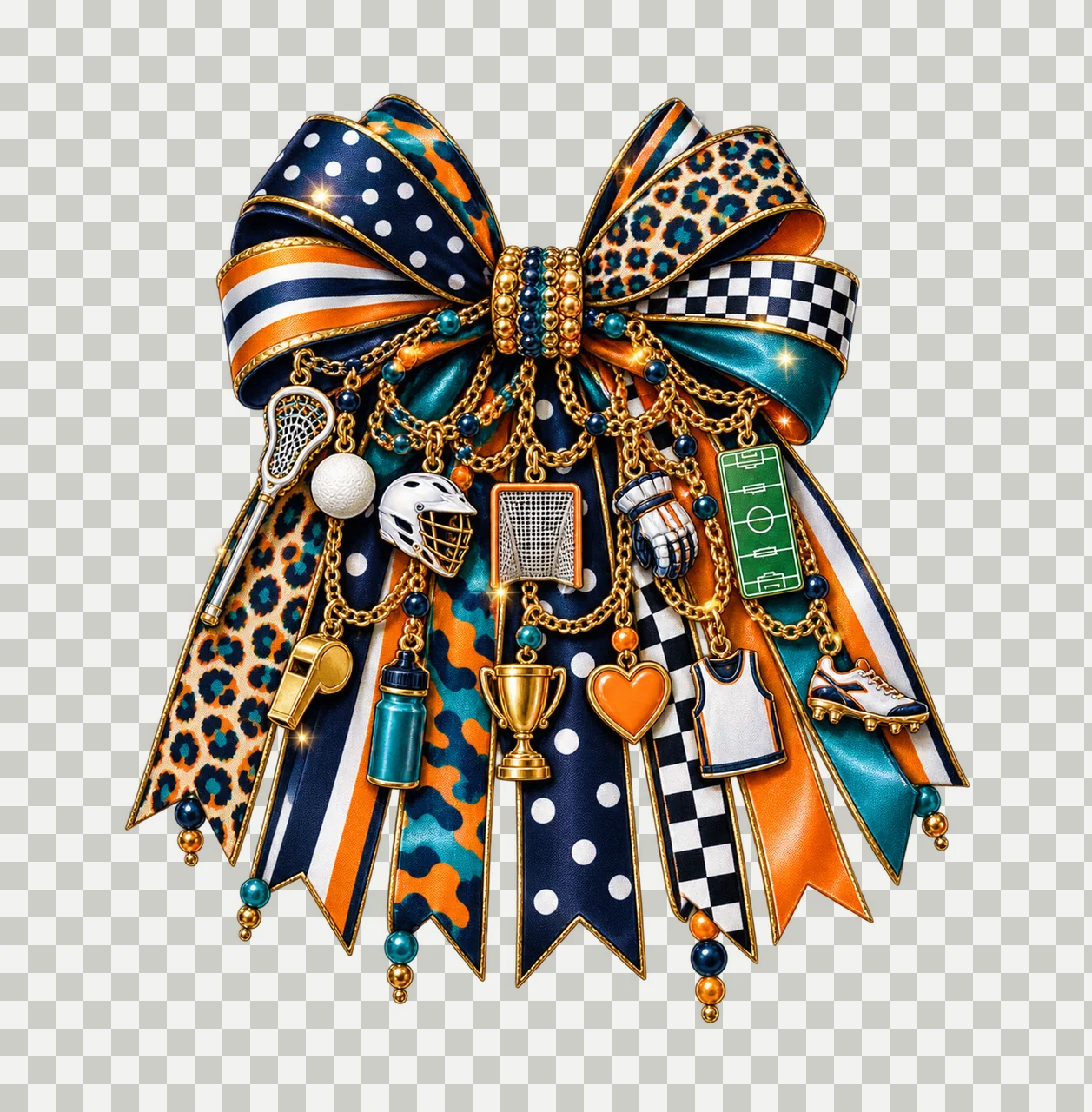 Lacrosse Mom Bow Charm PNG, Themed Gold Chain Charms, Coquette Ribbon Sublimation Design, Transparent Digital Download transparency and detail preview thumbnail
