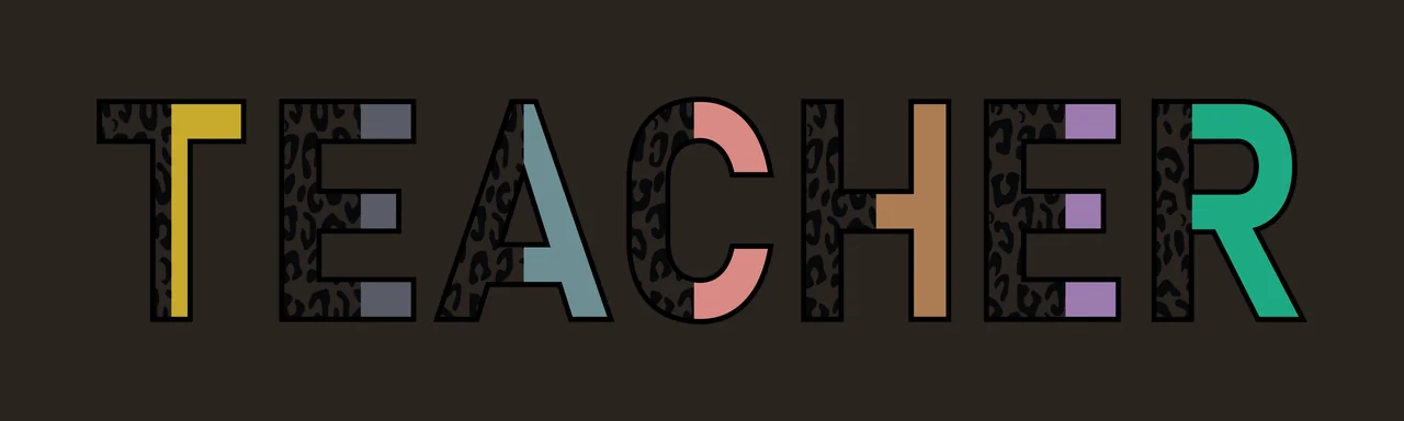 TEACHER Typography Design with leopard print pattern, colored letters, black outline and white background in yellow contrast preview thumbnail
