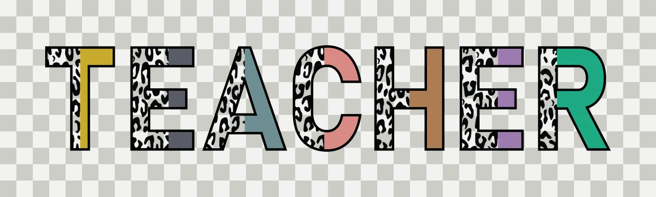 TEACHER Typography Design with leopard print pattern, colored letters, black outline and white background in yellow transparency and detail preview thumbnail