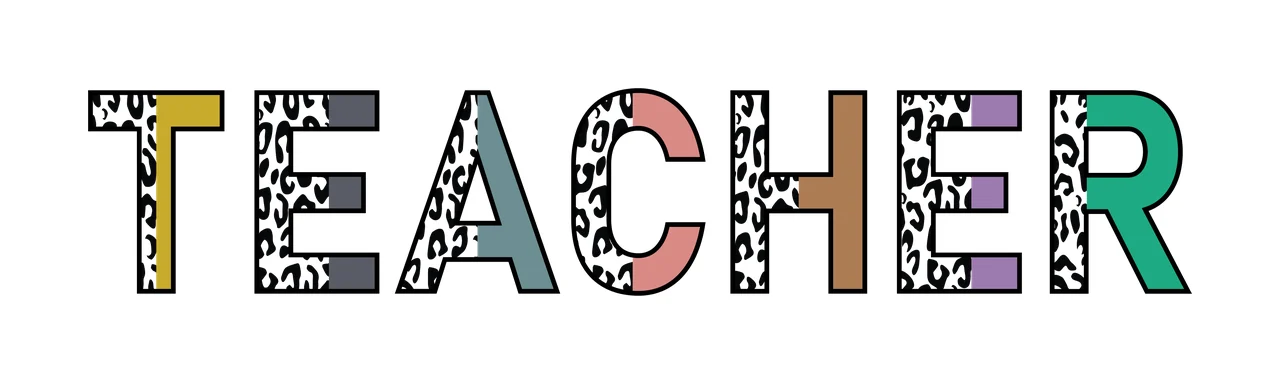 TEACHER Typography Design with leopard print pattern, colored letters, black outline and white background in yellow