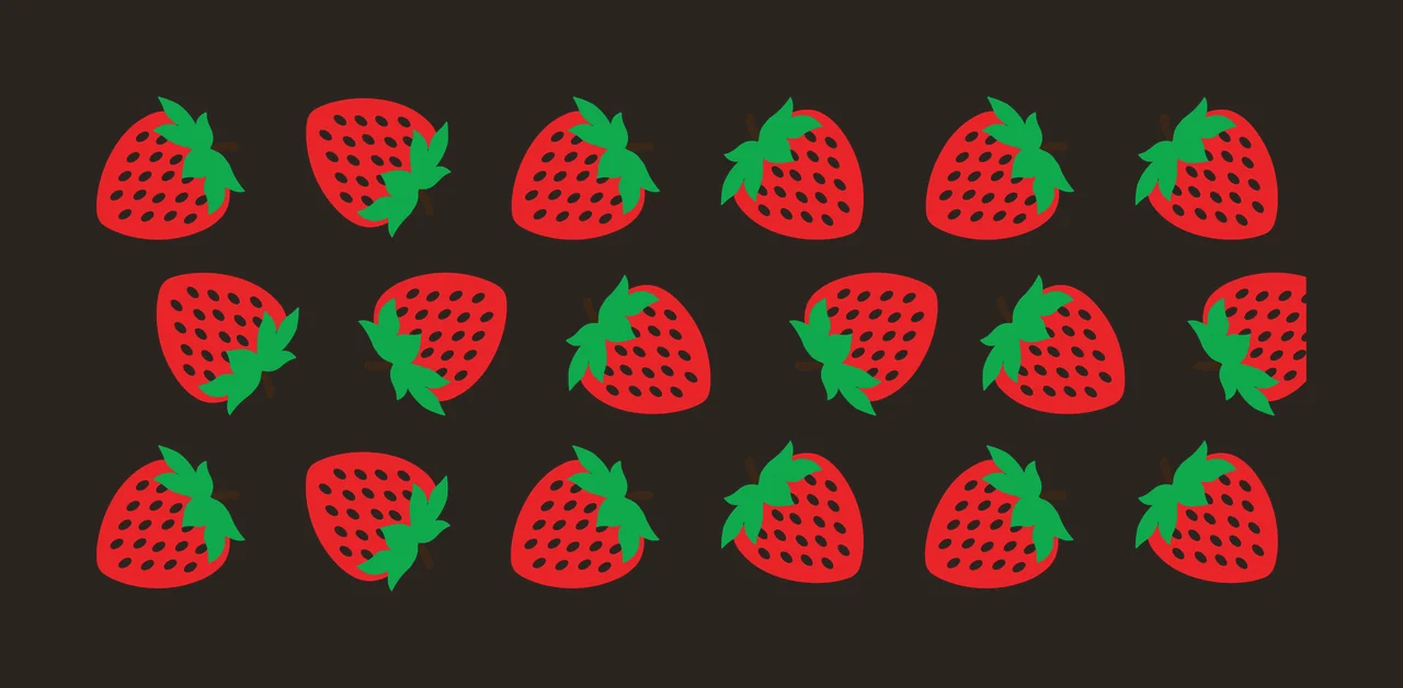 Strawberry pattern Illustration with strawberries, green leaves, brown stems and white seeds in red contrast preview thumbnail
