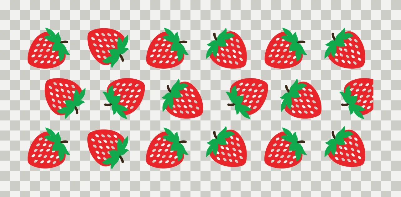 Strawberry pattern Illustration with strawberries, green leaves, brown stems and white seeds in red transparency and detail preview thumbnail