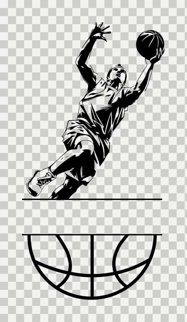 Ball Basketball Player Jumping With Silhouette hoop black white transparency and detail preview thumbnail