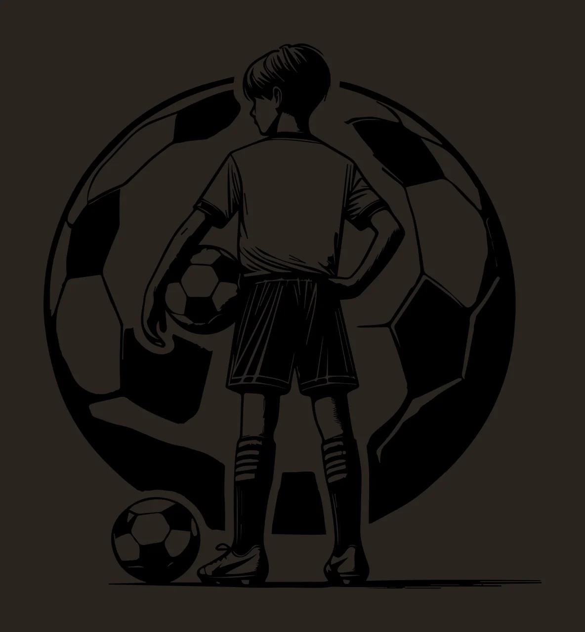 Soccer Ball Player Youth With Large Balls standing black white contrast preview thumbnail