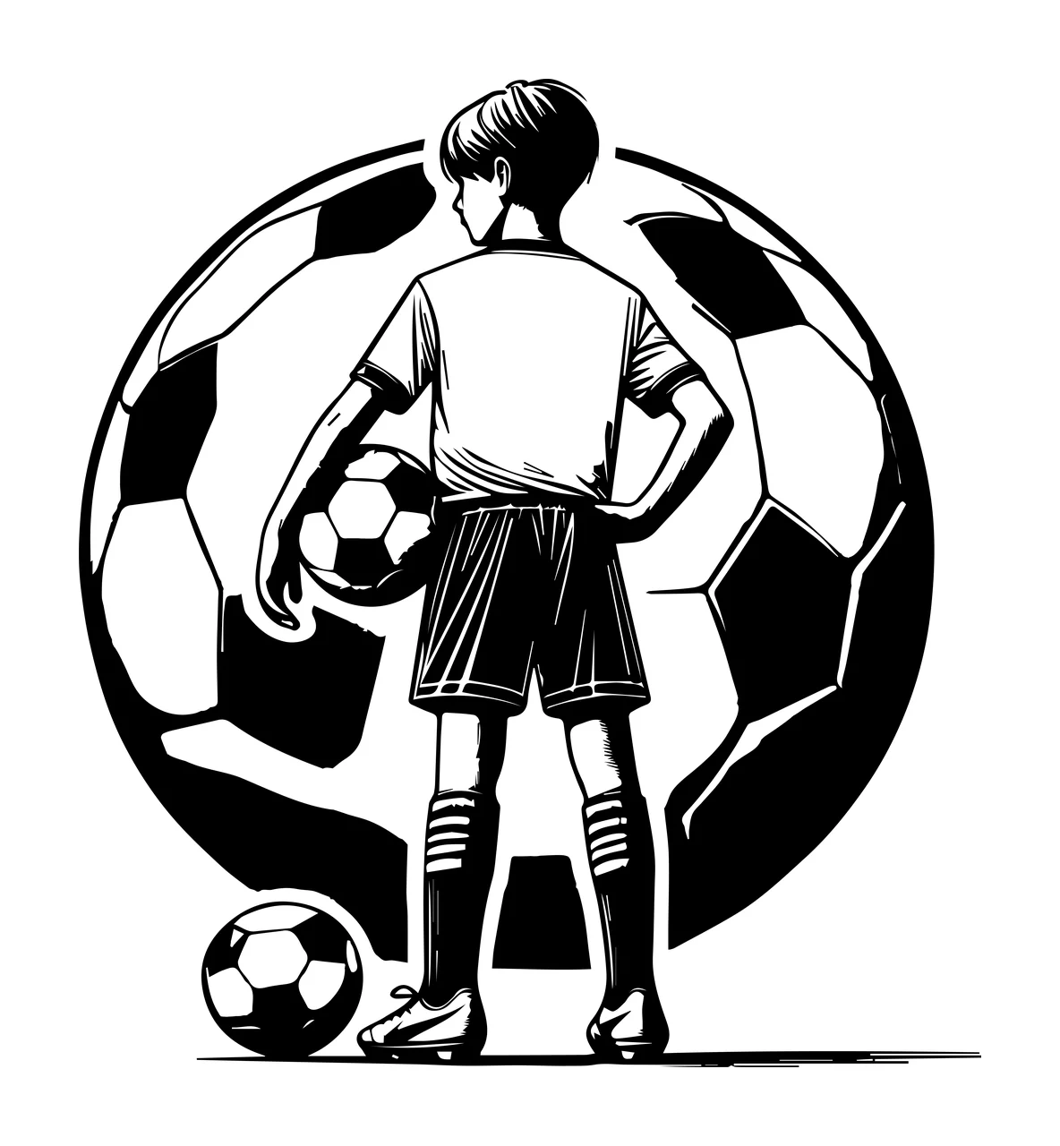 Soccer Ball Player Youth With Large Balls standing black white