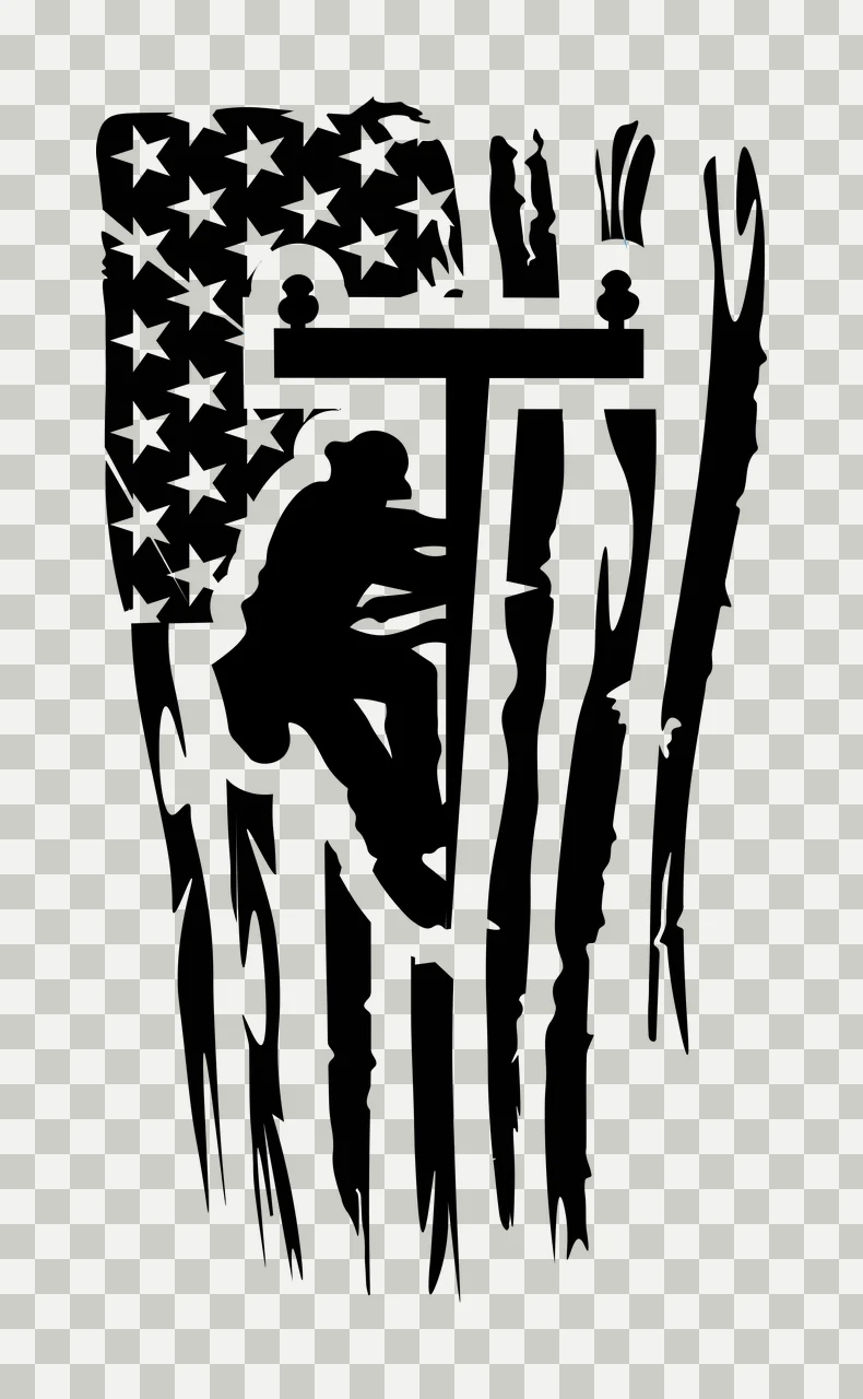 Lineman with utility pole, distressed flag in black, white silhouette Style transparency and detail preview thumbnail