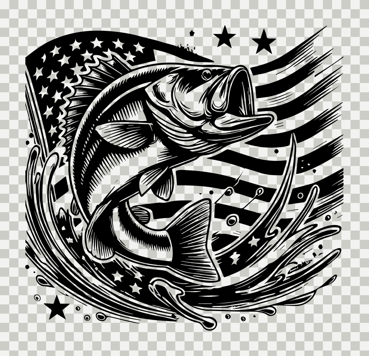 Fish Jumping Before American Flag water splashes stars engraving transparency and detail preview thumbnail