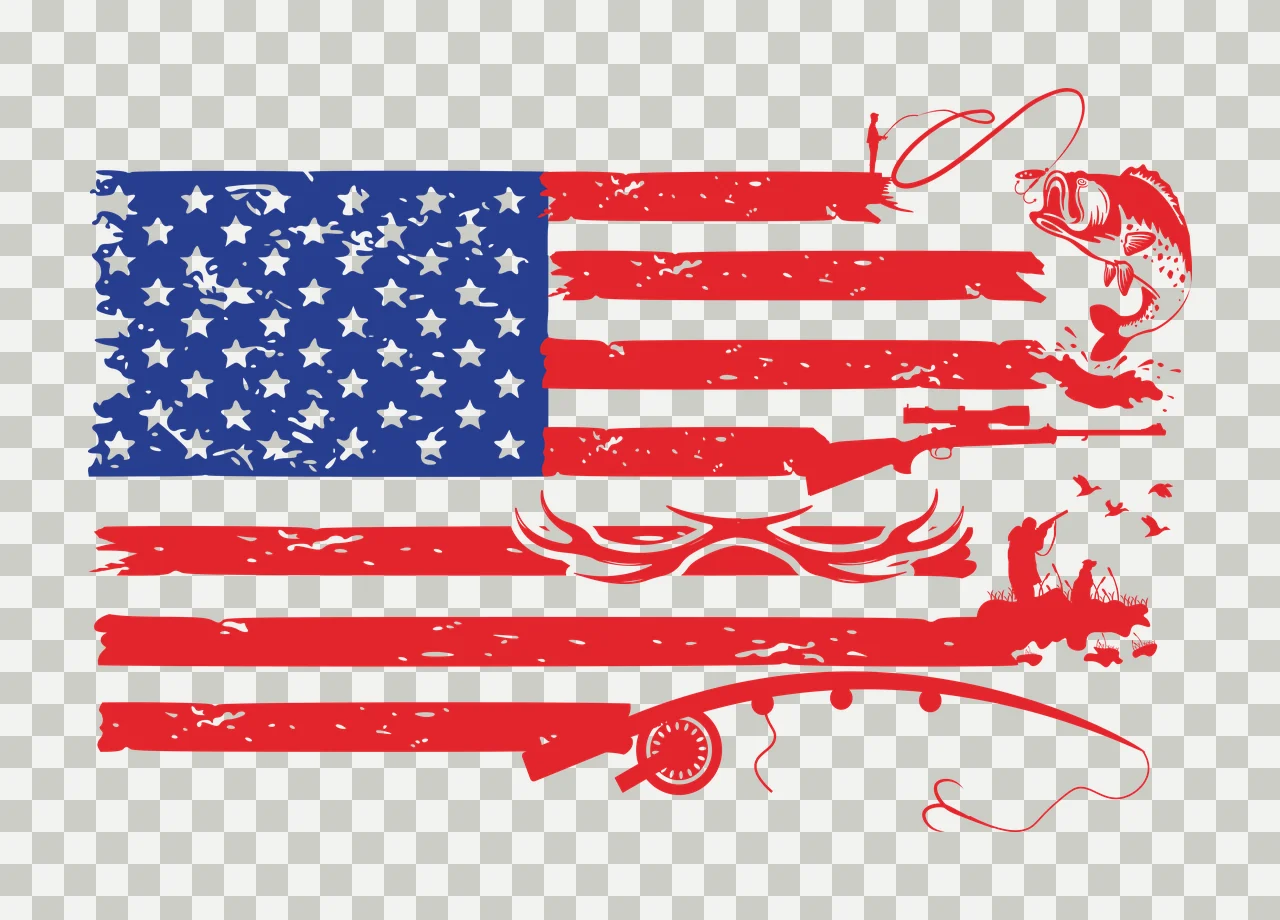 Hunting Fishing American Flag With Theme Elements rod fish transparency and detail preview thumbnail