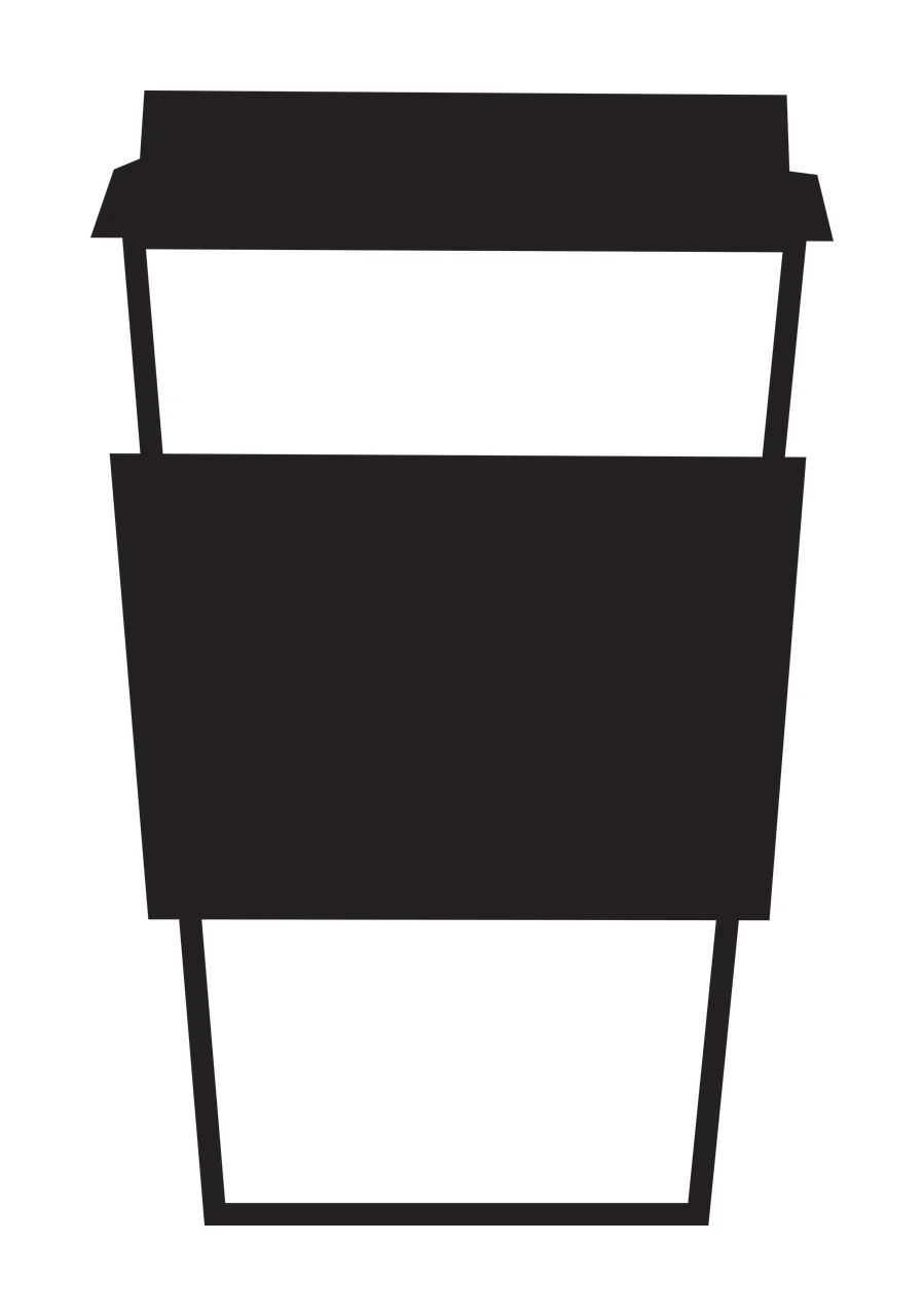 Black silhouette of a disposable coffee cup with lid and sleeve Illustration with white background