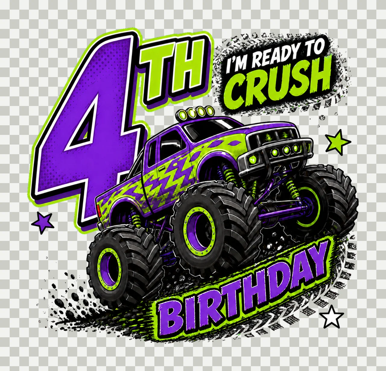 1 Monster Truck Birthday PNG, I'm Ready to Crush 4th Birthday Sublimation Design, Purple Green Truck Boy Shirt Clipart Download PNG File transparency and detail preview thumbnail