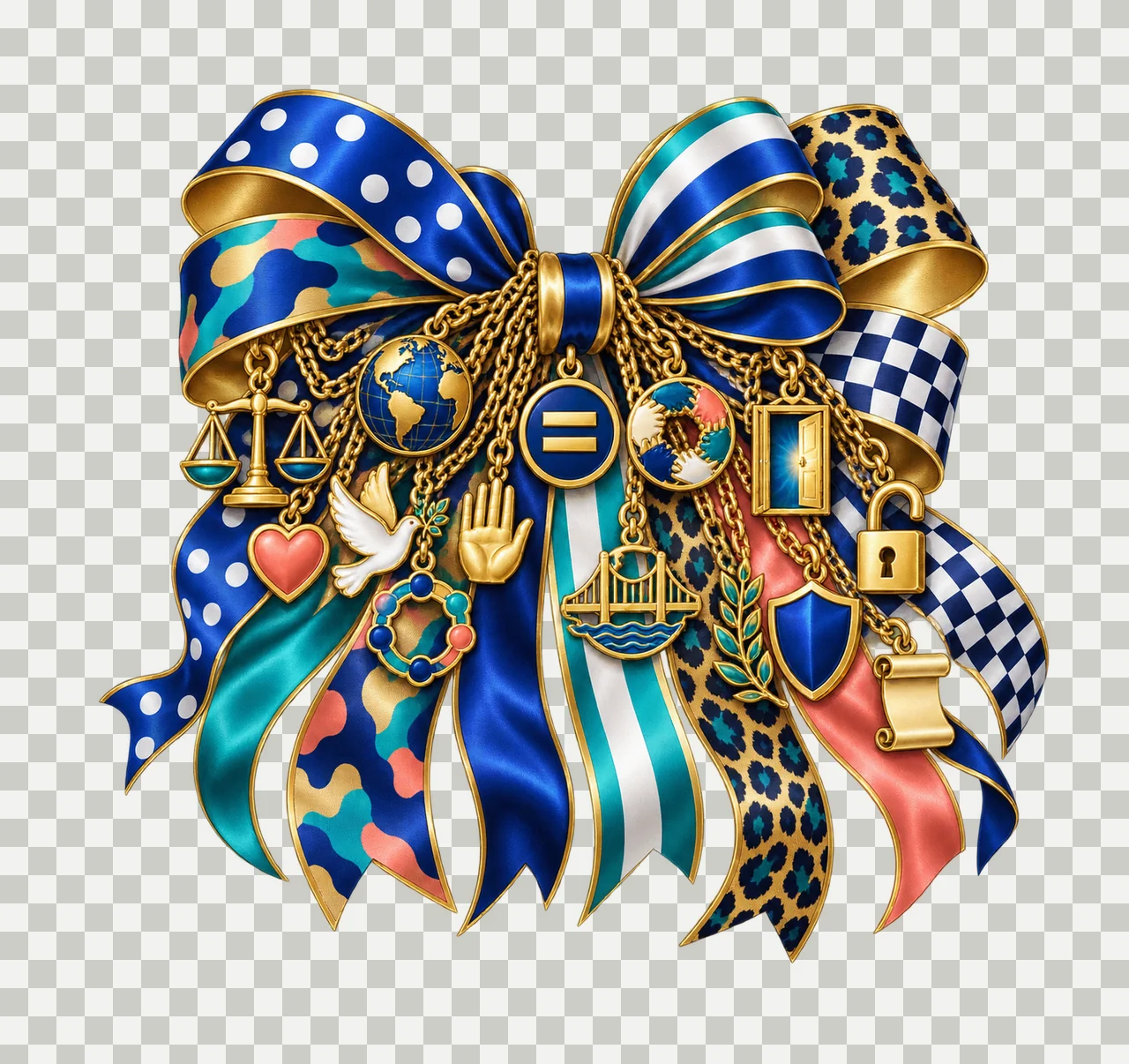 Human Rights Equality Bow Charm PNG, Justice Scale Globe Dove and Unity Charms, Advocacy Sublimation Design, Transparent Download transparency and detail preview thumbnail