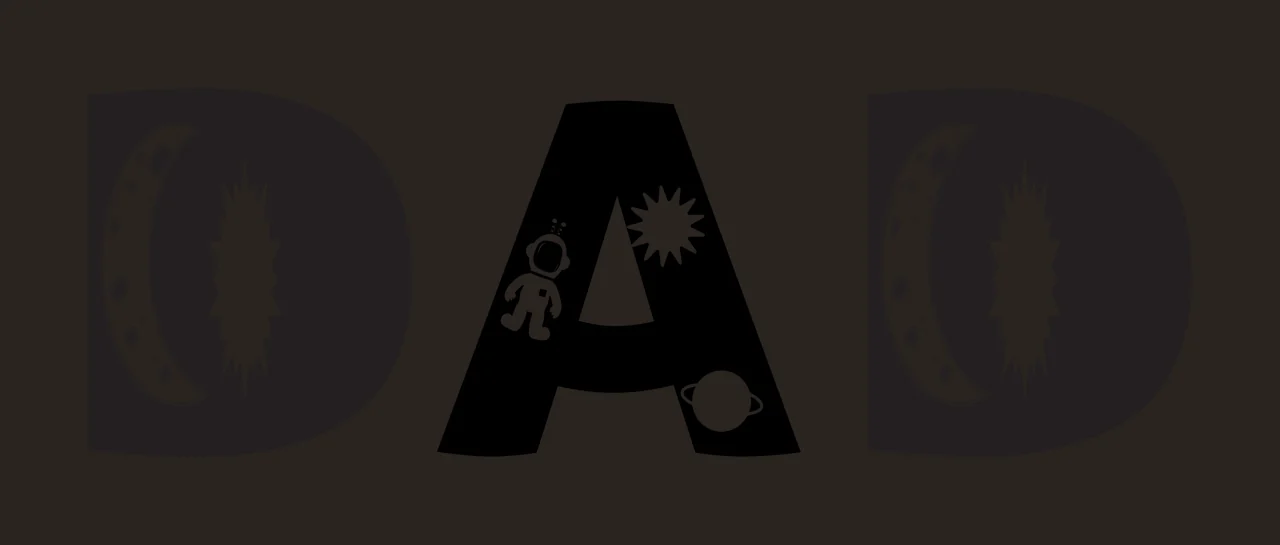DAD space theme typography with DAD lettering, crescent moon, astronaut and sun in black and white contrast preview thumbnail