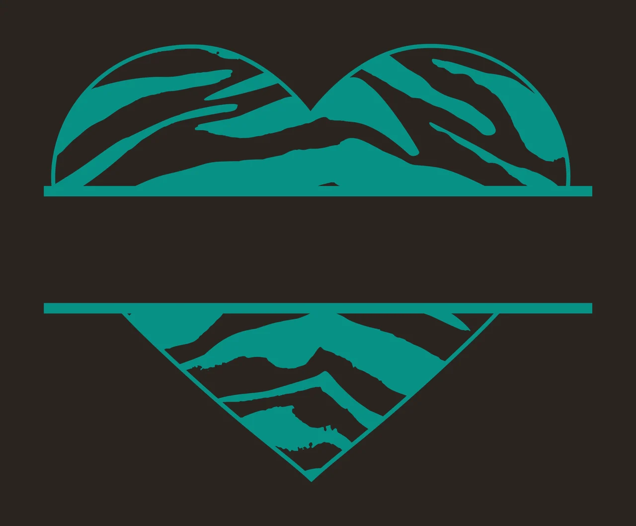 Split heart monogram frame with horizontal bar frame, zebra print pattern, tiger stripes and blank space in teal and white contrast preview thumbnail