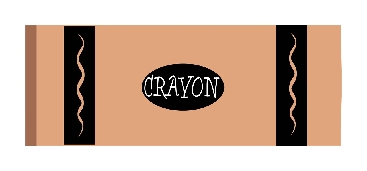 CRAYON tan crayon wrapper Design with black oval badge, stylized CRAYON lettering, vertical black stripes and wavy vertical line accents in brown