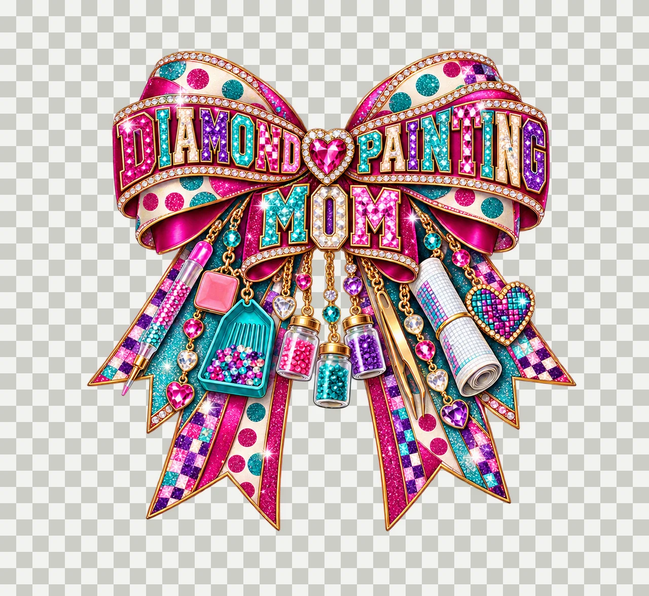 Diamond Painting Mom Bow Charm PNG, Patterned Varsity Mom Ribbon Clipart, Transparent Sublimation Digital Download transparency and detail preview thumbnail