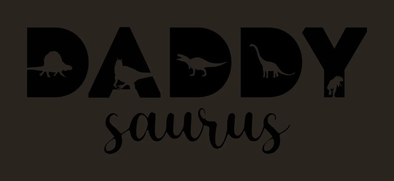 DADDY saurus Typography Design with DADDY lettering, saurus script font, dinosaur silhouettes and sauropod silhouette in black and white contrast preview thumbnail